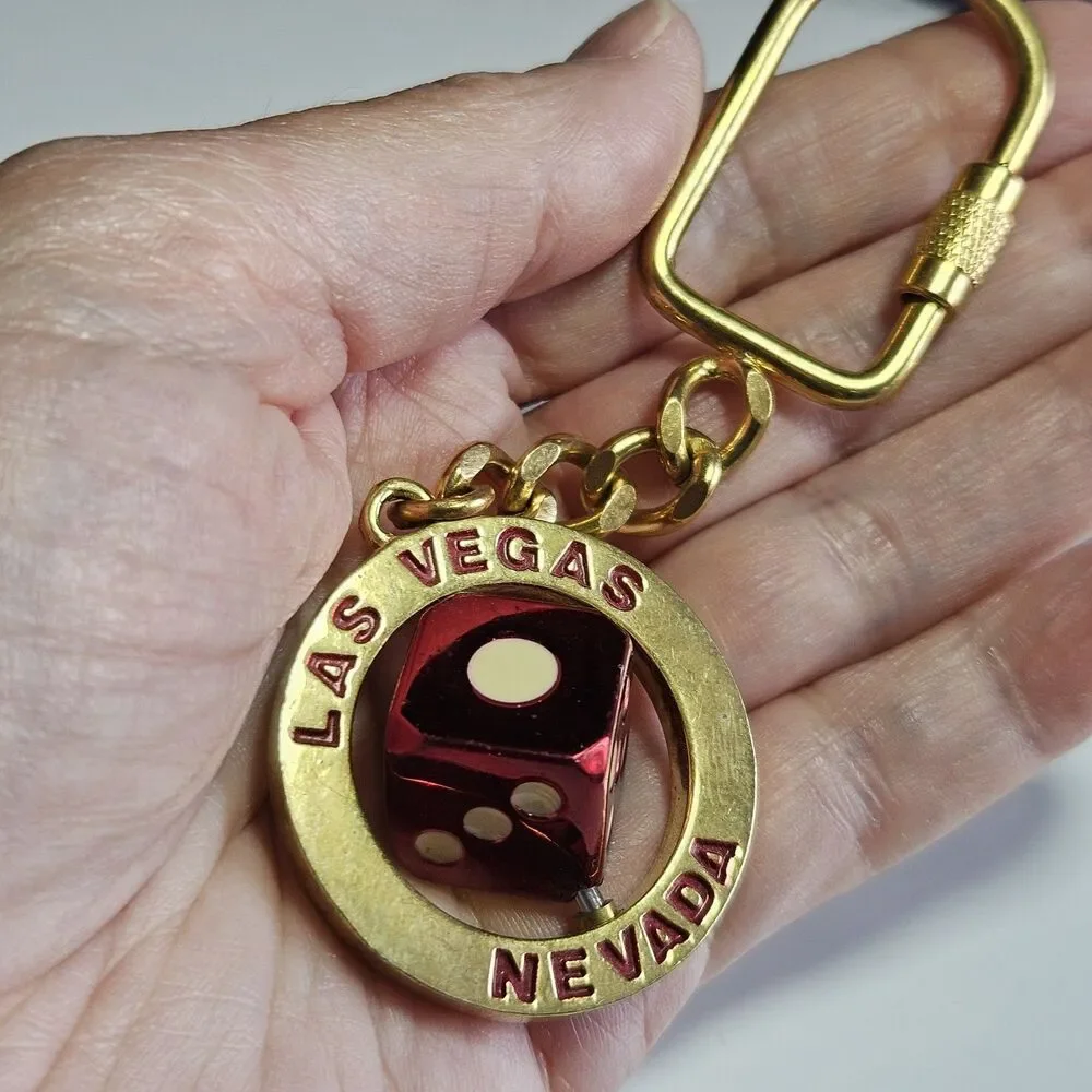 Las Vegas Gold Tone Nevada Souvenir spinning Dice keyring chain keychain 1.5